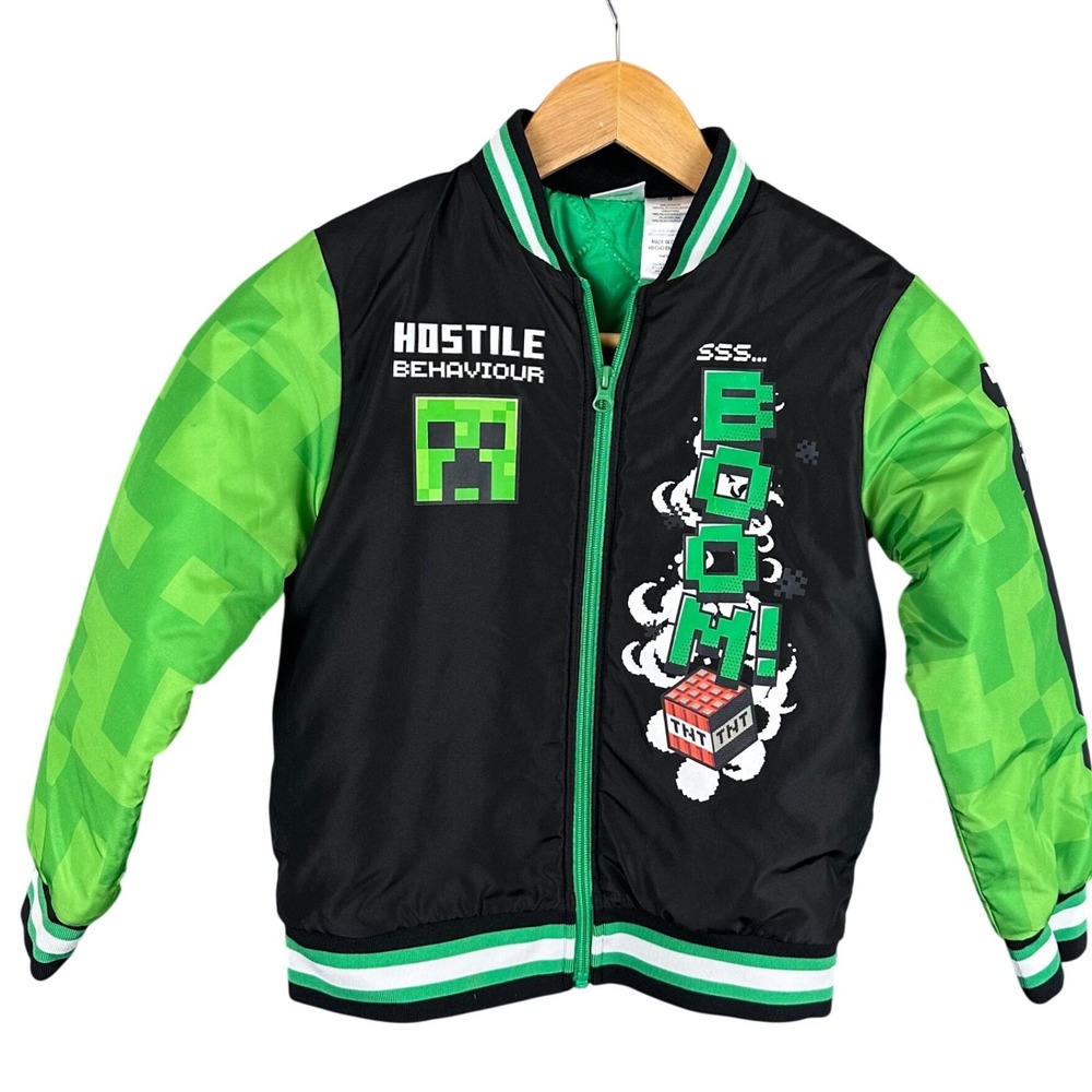 Minecraft Creeper TNT Bomber Jacket Boys Size 8 Black Green Hostile Behaviour